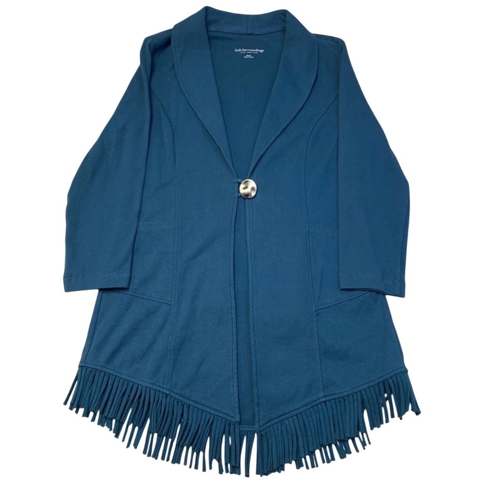 Soft Surroundings‎ Size X Large Teal Blue Cotton Long Cardigan Fringe Hem Jacket